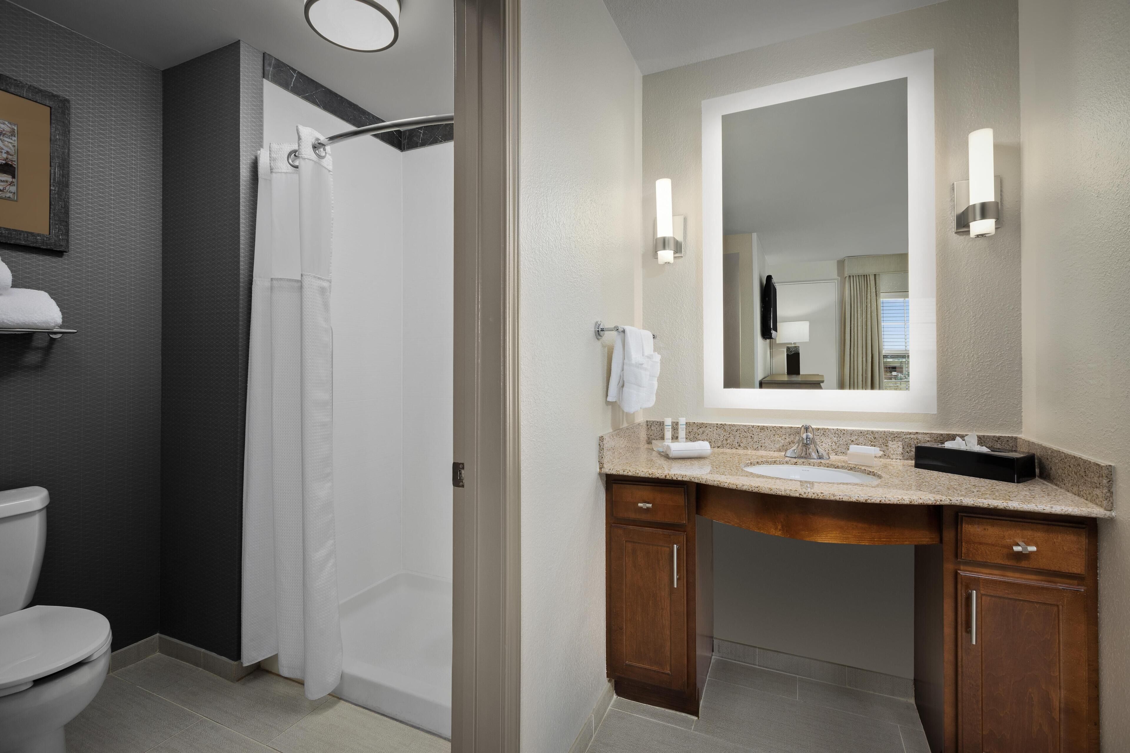A modern bathroom with a shower, toilet, vanity with a sink, and a mirror.