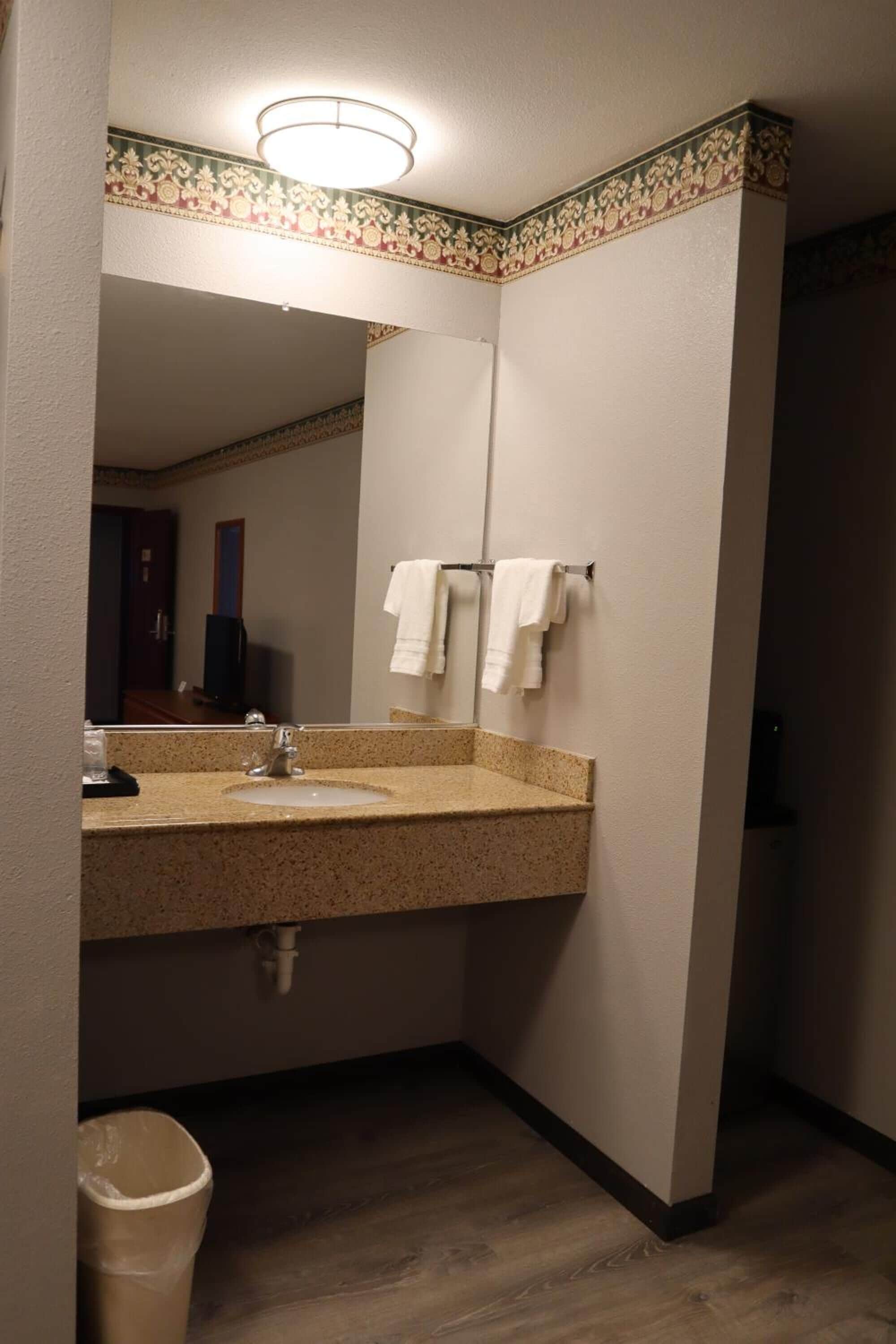 Baño con lavamanos, espejo y barra para toallas.