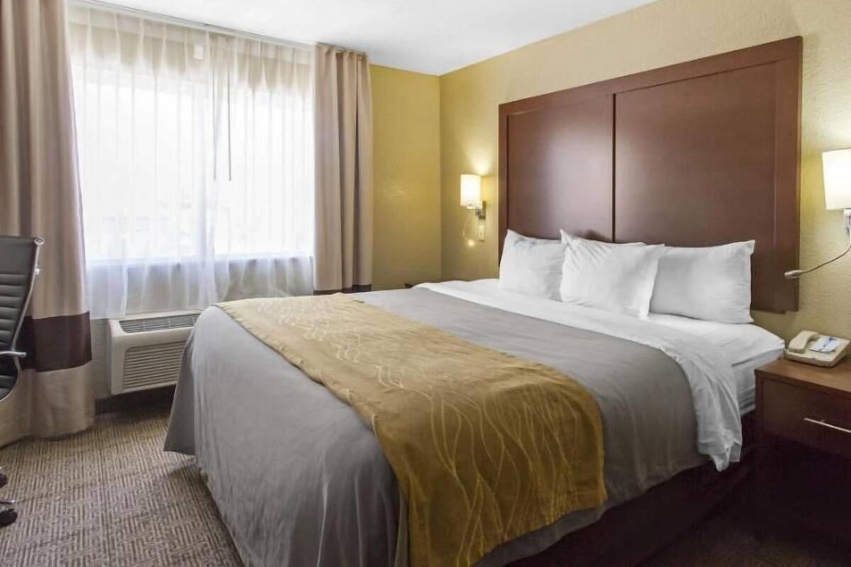 A hotel room with a bed, a chair, a nightstand with a lamp, and a window with curtains.