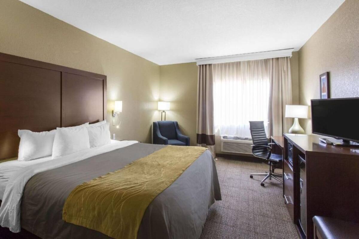 A hotel room with a bed, desk, TV, and two chairs.