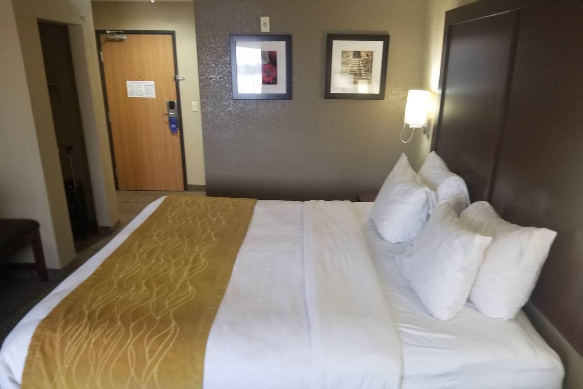 A hotel room with a large bed, a wooden door, and two framed pictures on the wall.