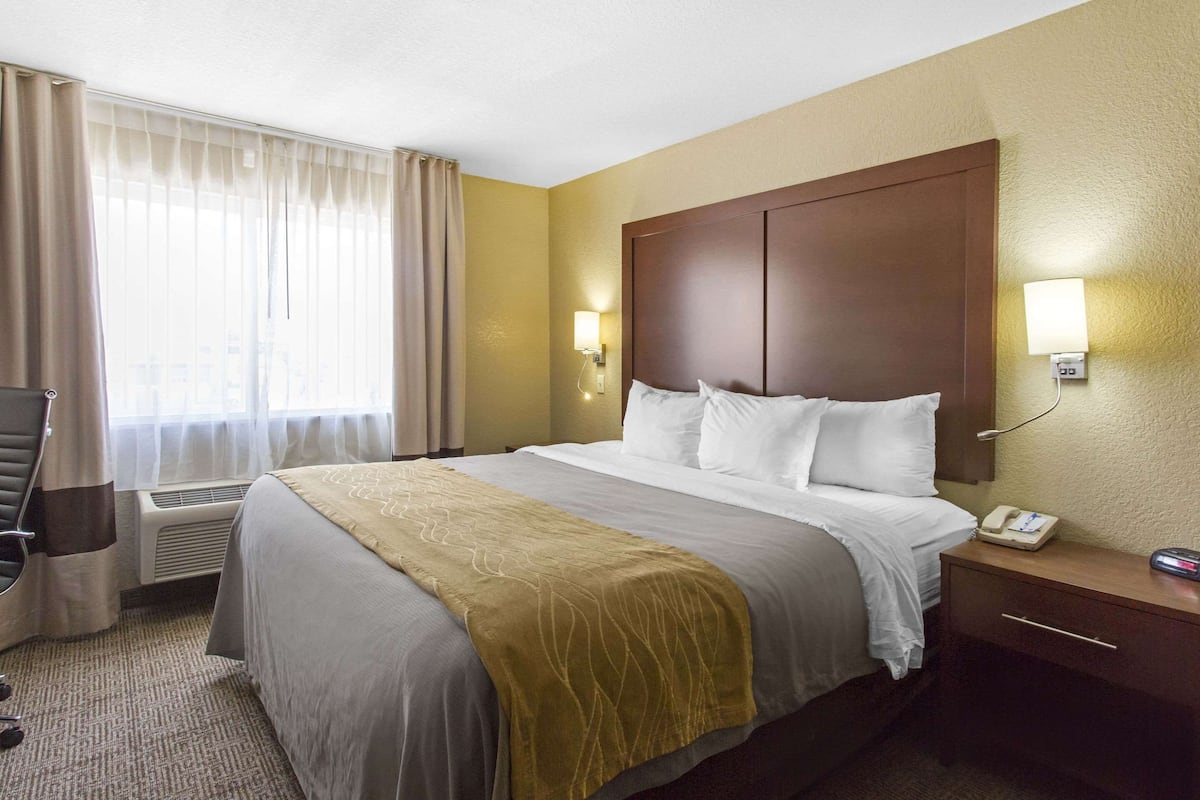 A hotel room with a large bed, a bedside table with a phone, and a window with curtains.