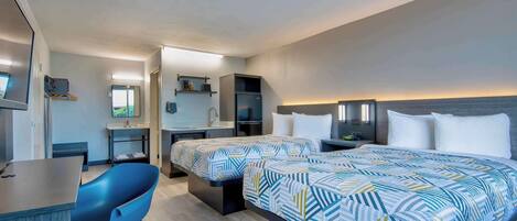 Desk, laptop workspace, blackout curtains, iron/ironing board