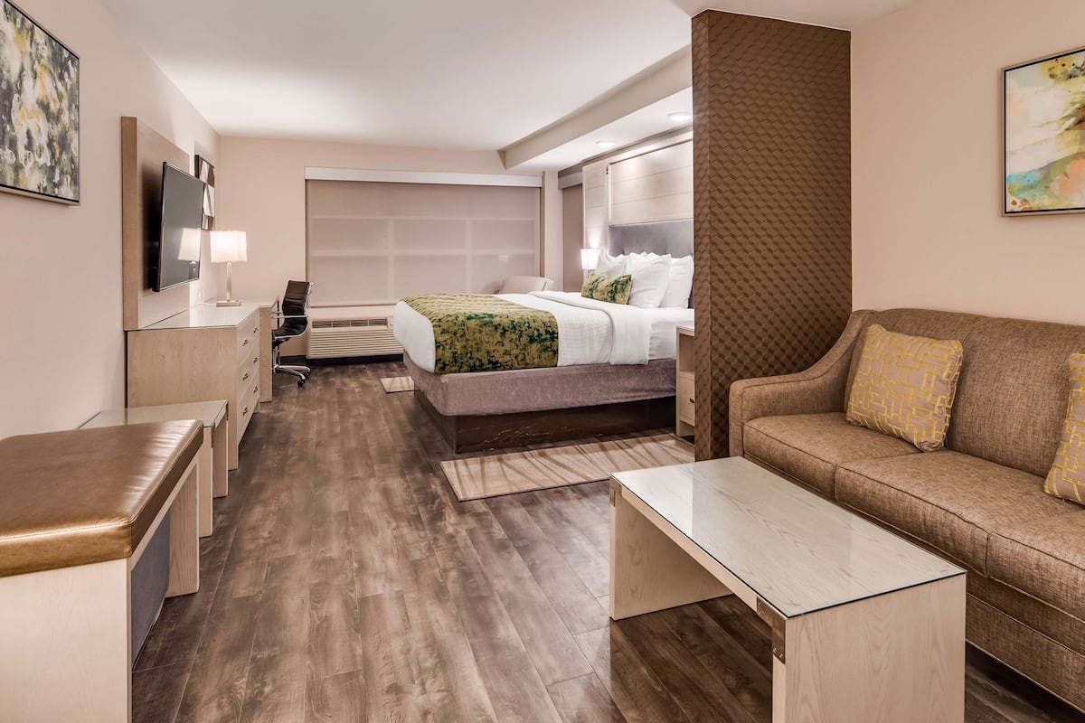 Une chambre d’hôtel moderne avec un plancher en bois, un lit recouvert d’une courtepointe verte et blanche, un canapé marron agrémenté de coussins à motifs, un petit bureau et un téléviseur fixé au mur.