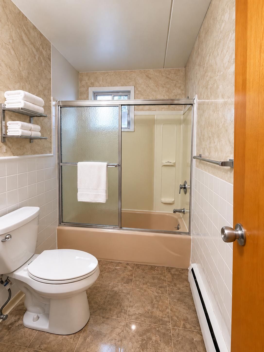 Un baño con inodoro, cabina de ducha con mampara de vidrio y bañera.