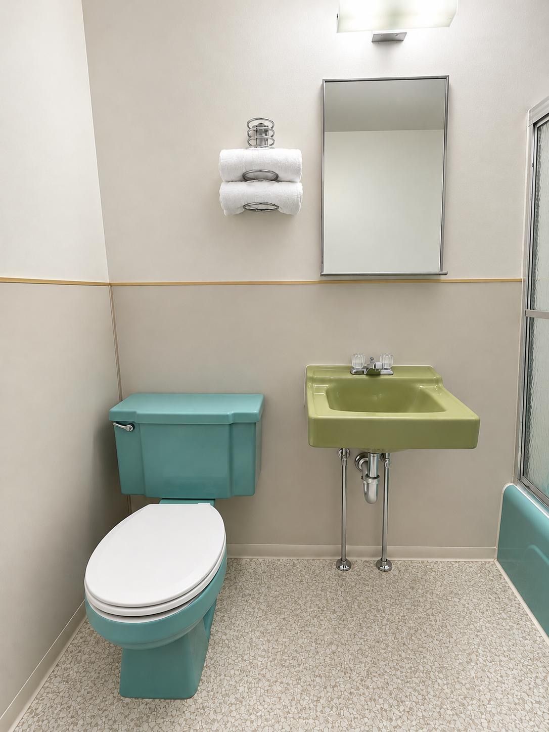 A bathroom with a toilet, sink, and mirror.