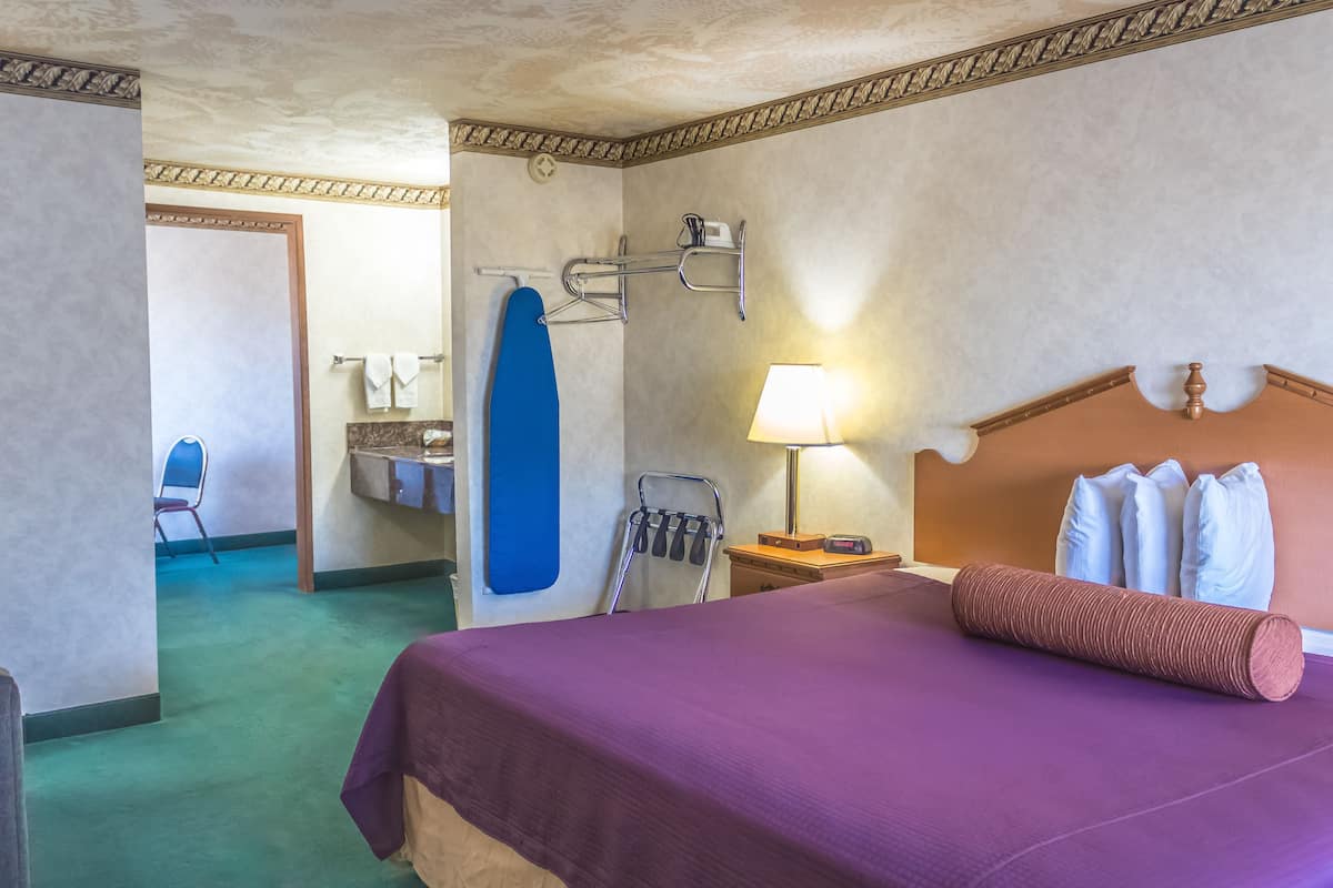 Ein Hotelzimmer mit einem Bett, einem Stuhl, einem Handtuchhalter, einer Lampe und einer Duschkabine.