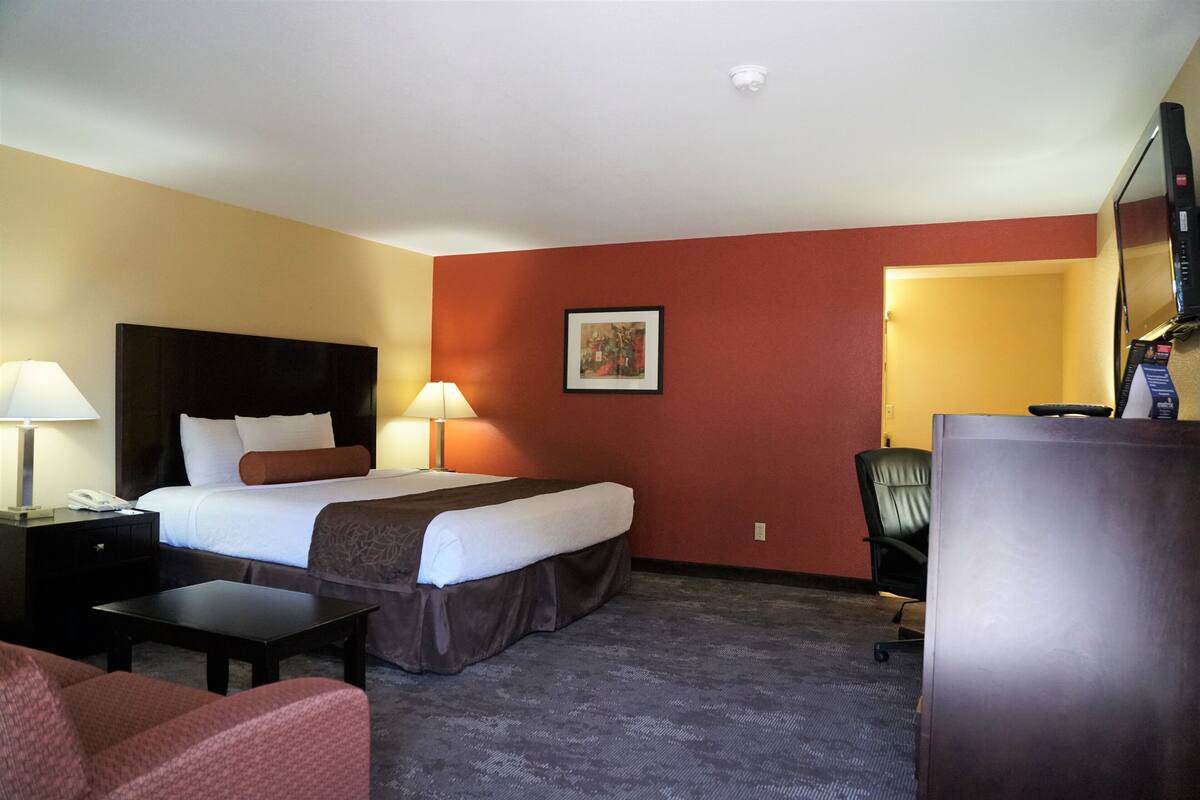 Une chambre d’hôtel comprenant un lit, des tables de chevet, un bureau, une chaise et un téléviseur.