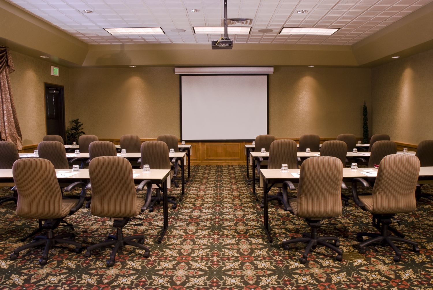 A conference room with rows of chairs, a projector screen, and a carpeted floor.