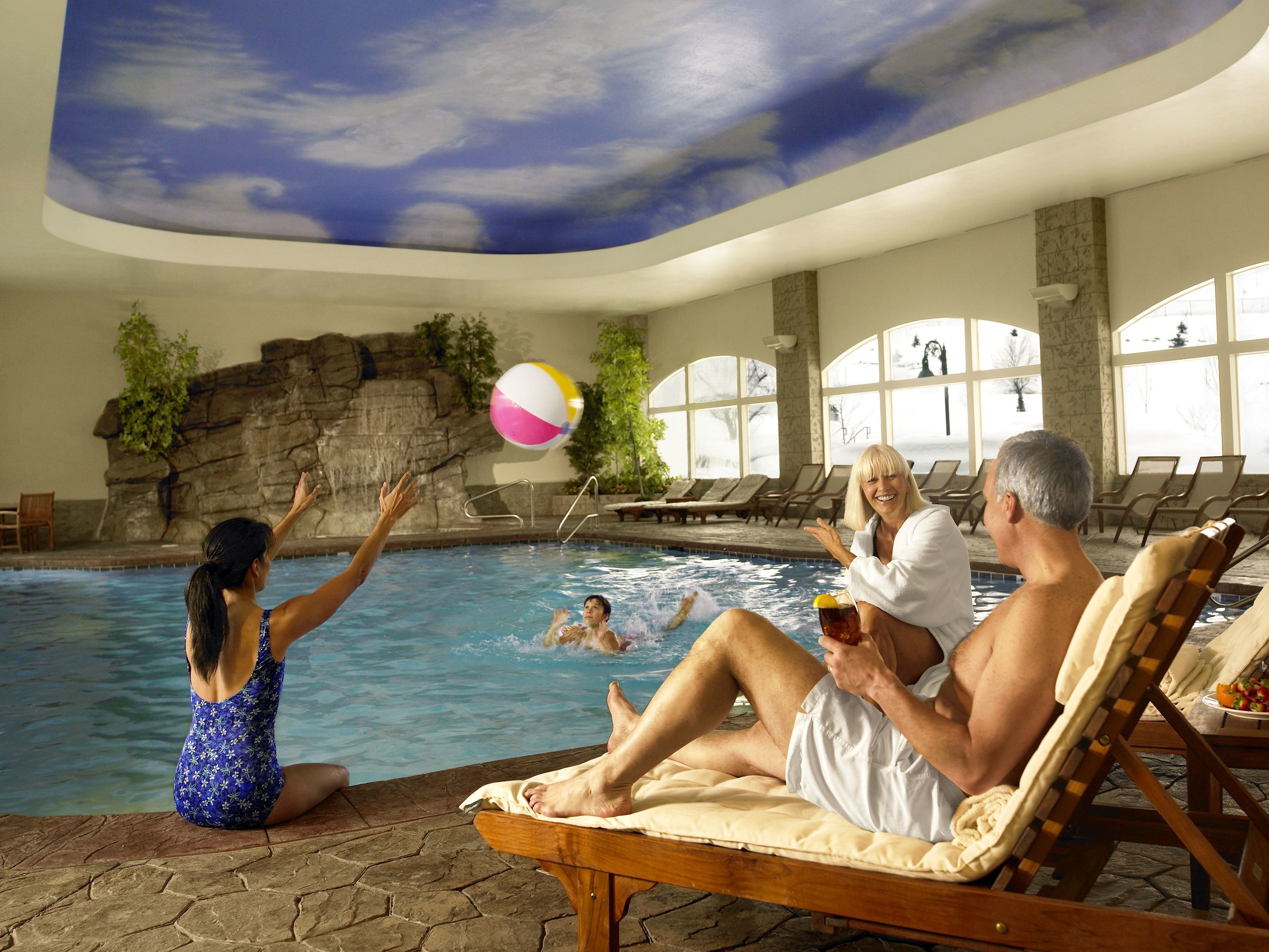 indoor pool, outdoor pool, pool loungers
