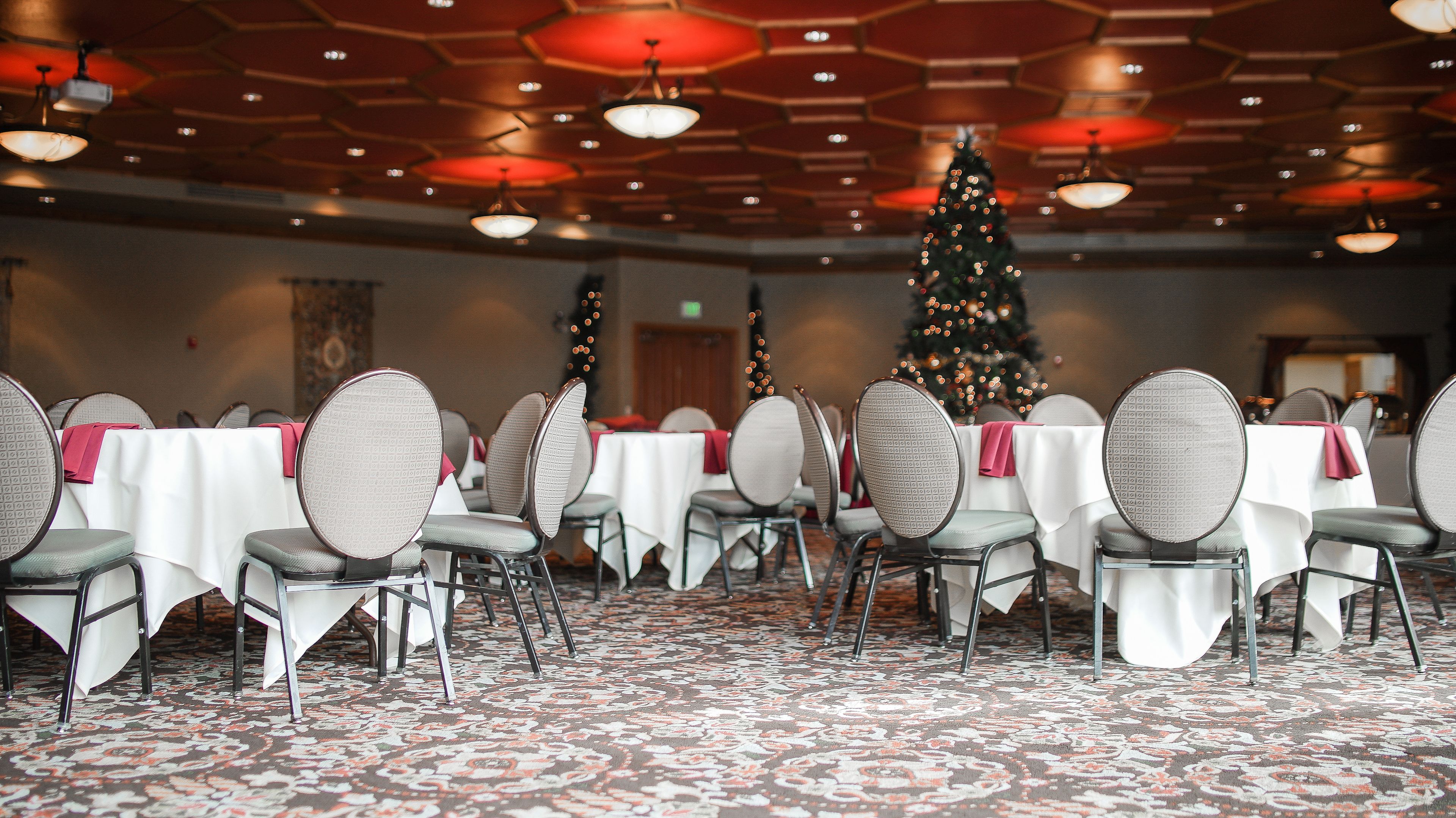Un salón de banquetes con mesas y sillas redondas, una alfombra estampada y un árbol de Navidad.
