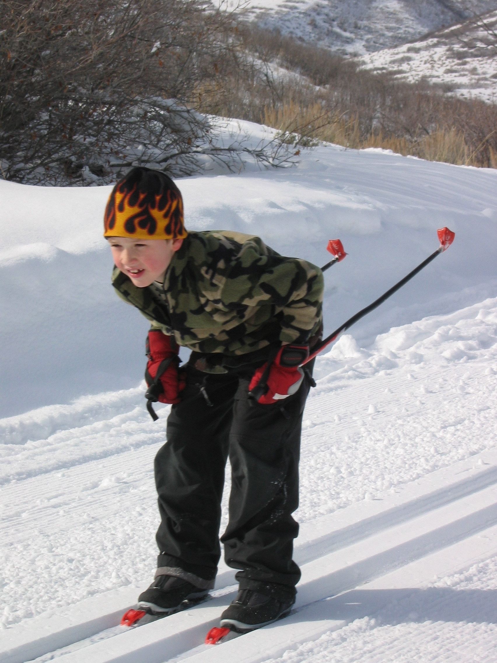 A person skiing in a snowy landscape.