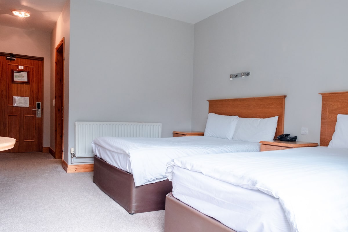 A hotel room with two beds, a wooden door, a white radiator, and a bedside table with a phone.