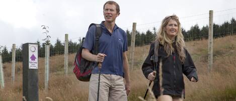 Dos personas caminando por un área con césped, con una valla y árboles al fondo.