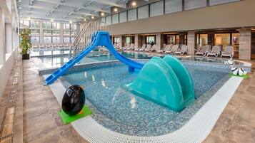 Indoor pool, open 8:00 AM to 8:00 PM, sun loungers, lifeguards on site
