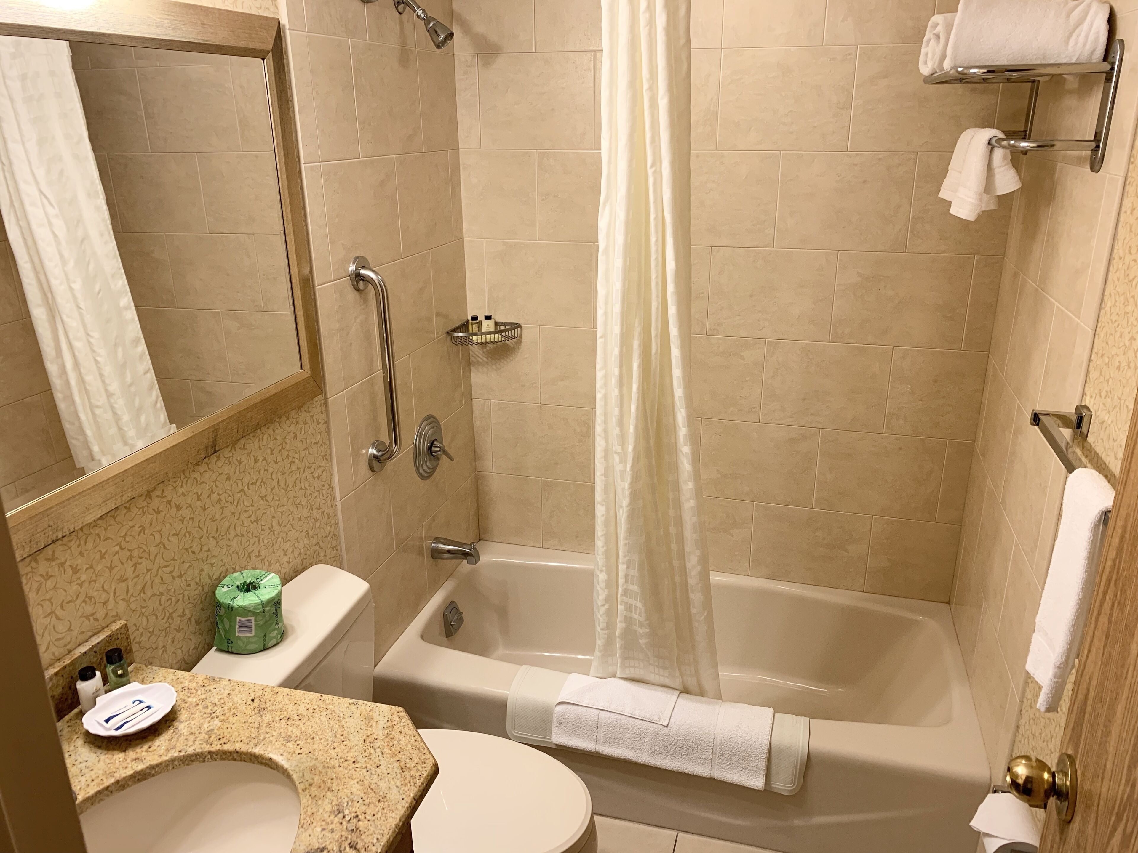 combined shower/bathtub, hair dryer, towels
