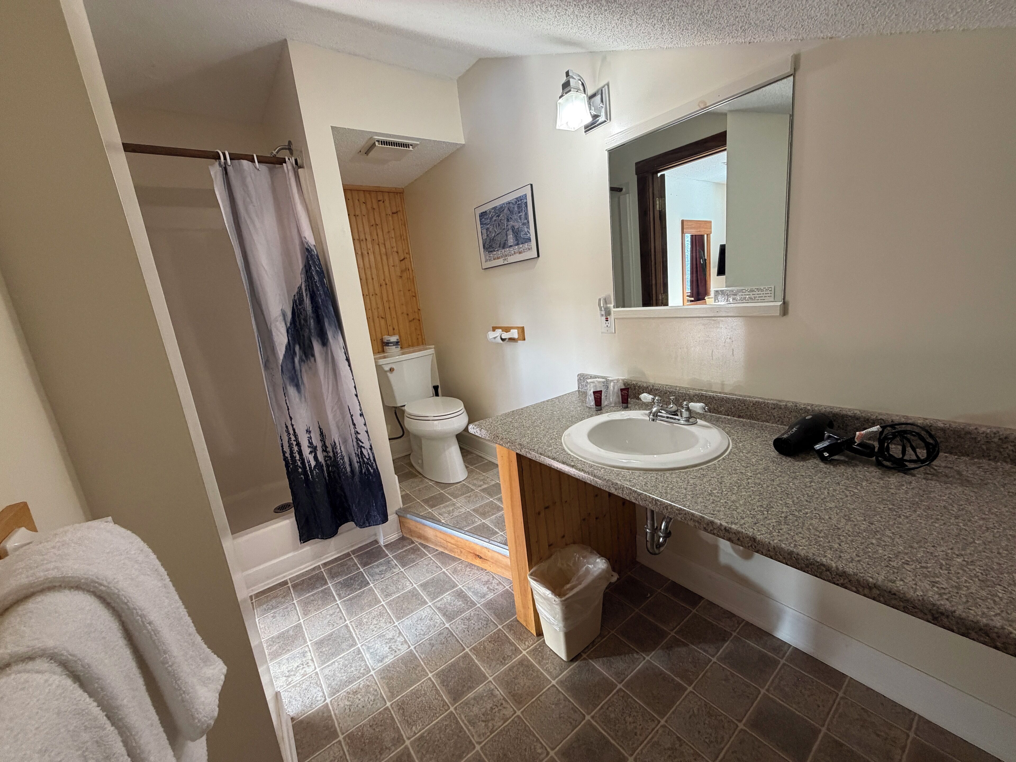 A bathroom with a shower, toilet, sink, and a mirror.