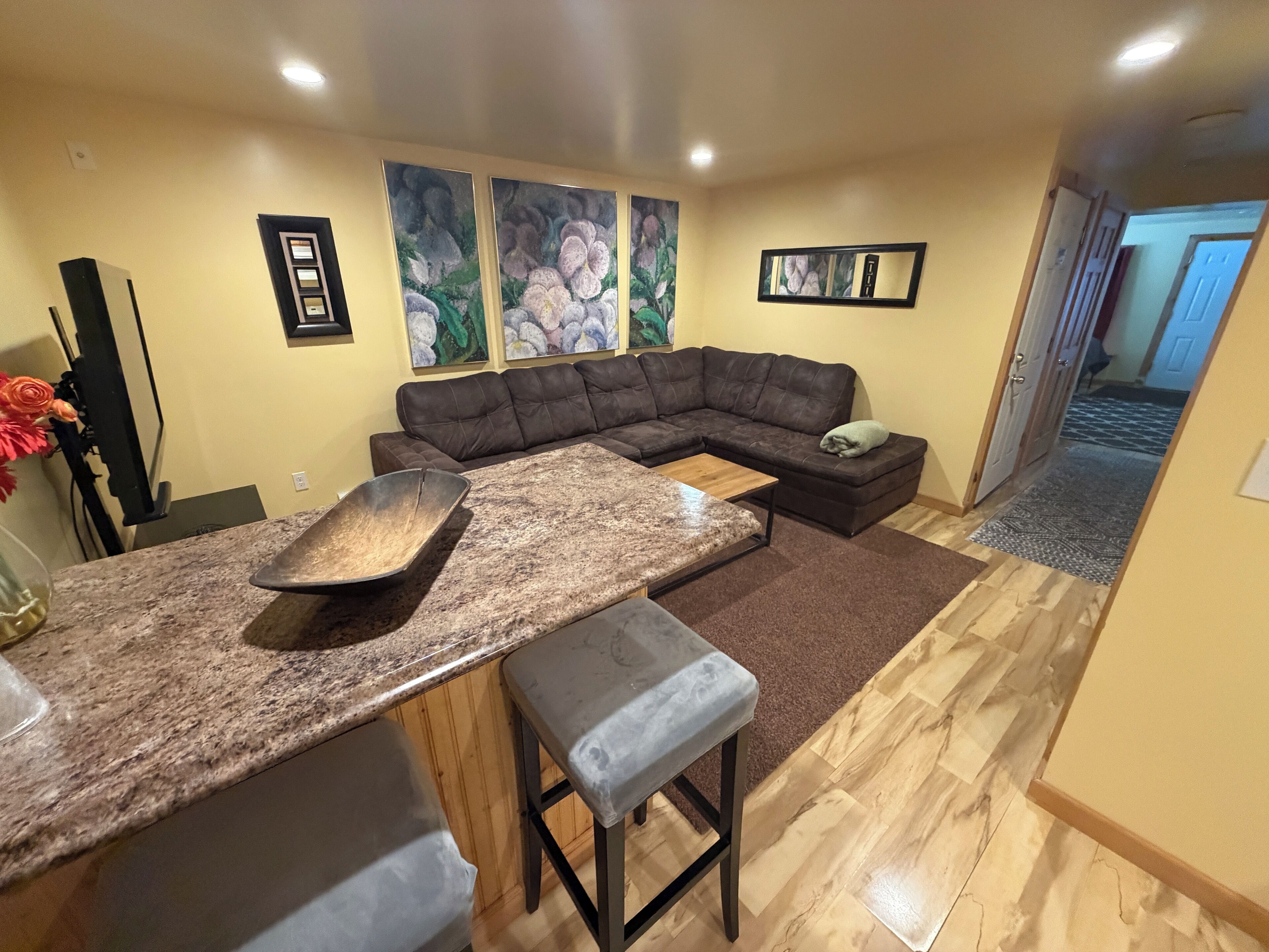 Premium Suite, Multiple Beds | Living area | 24-inch TV with cable channels