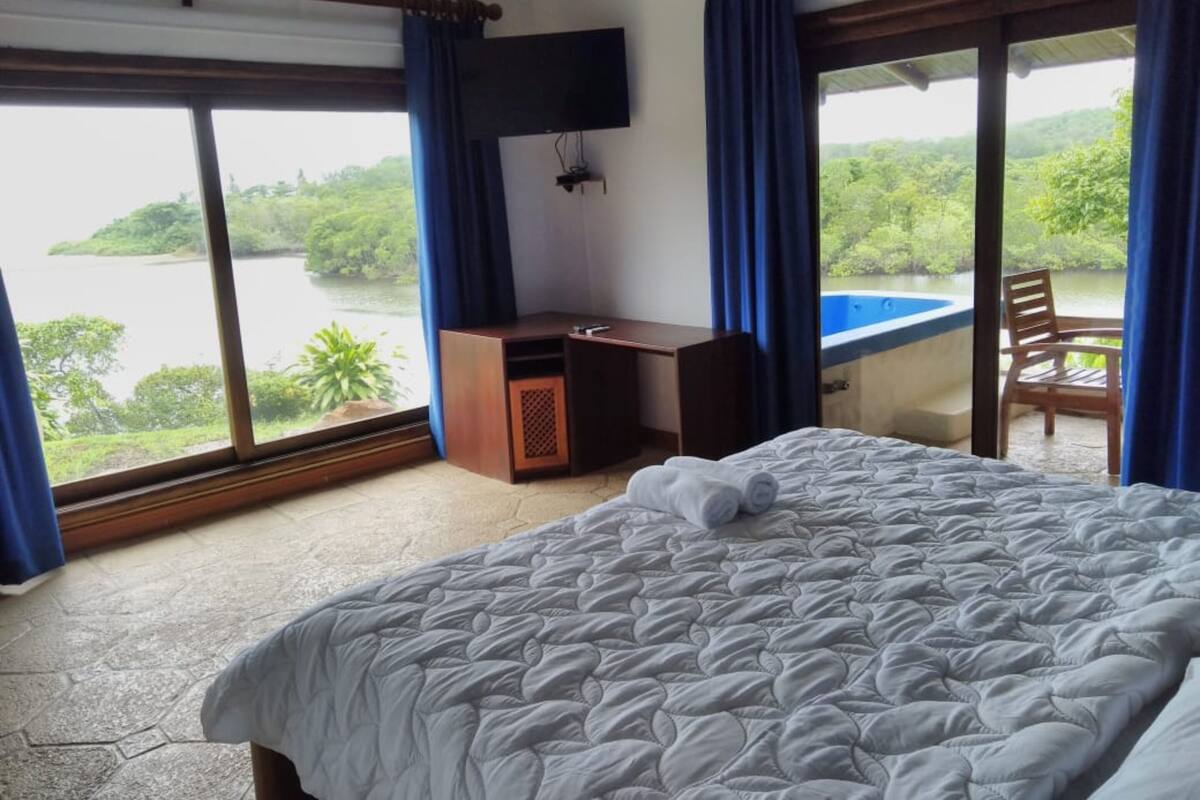 Habitación de hotel con cama, escritorio, silla y televisor. La habitación tiene ventanas amplias con vista a un lago y vegetación.