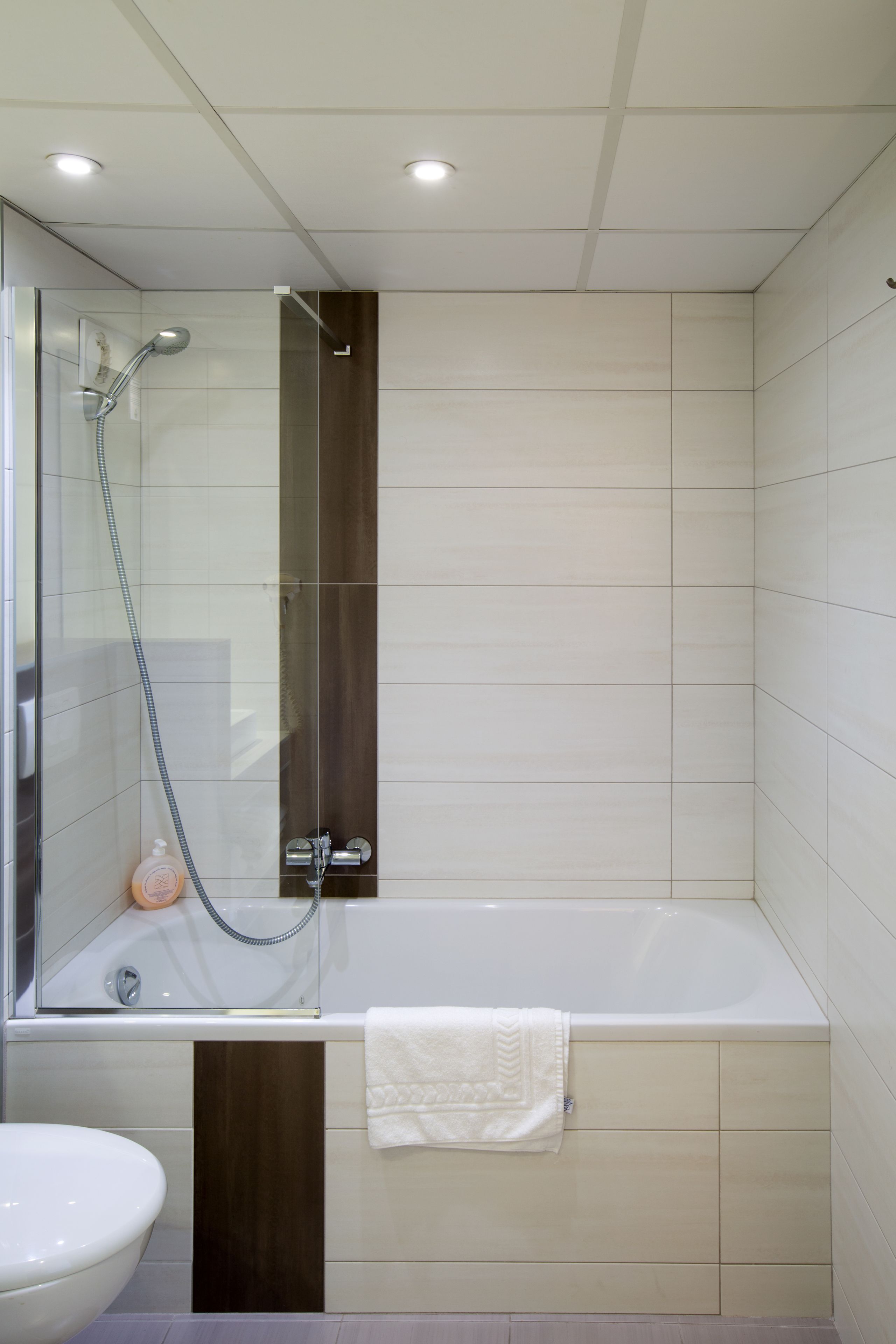A modern bathroom with a glass-enclosed shower, a white bathtub, and a toilet.