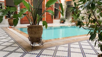 Una piscina techada, sillones reclinables de piscina
