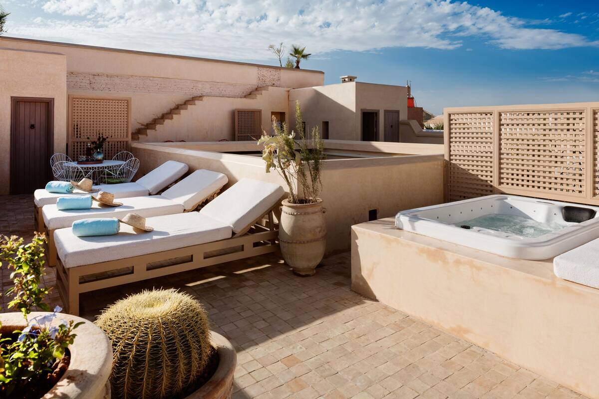 A rooftop terrace with lounge chairs, a hot tub, and a cactus planter.