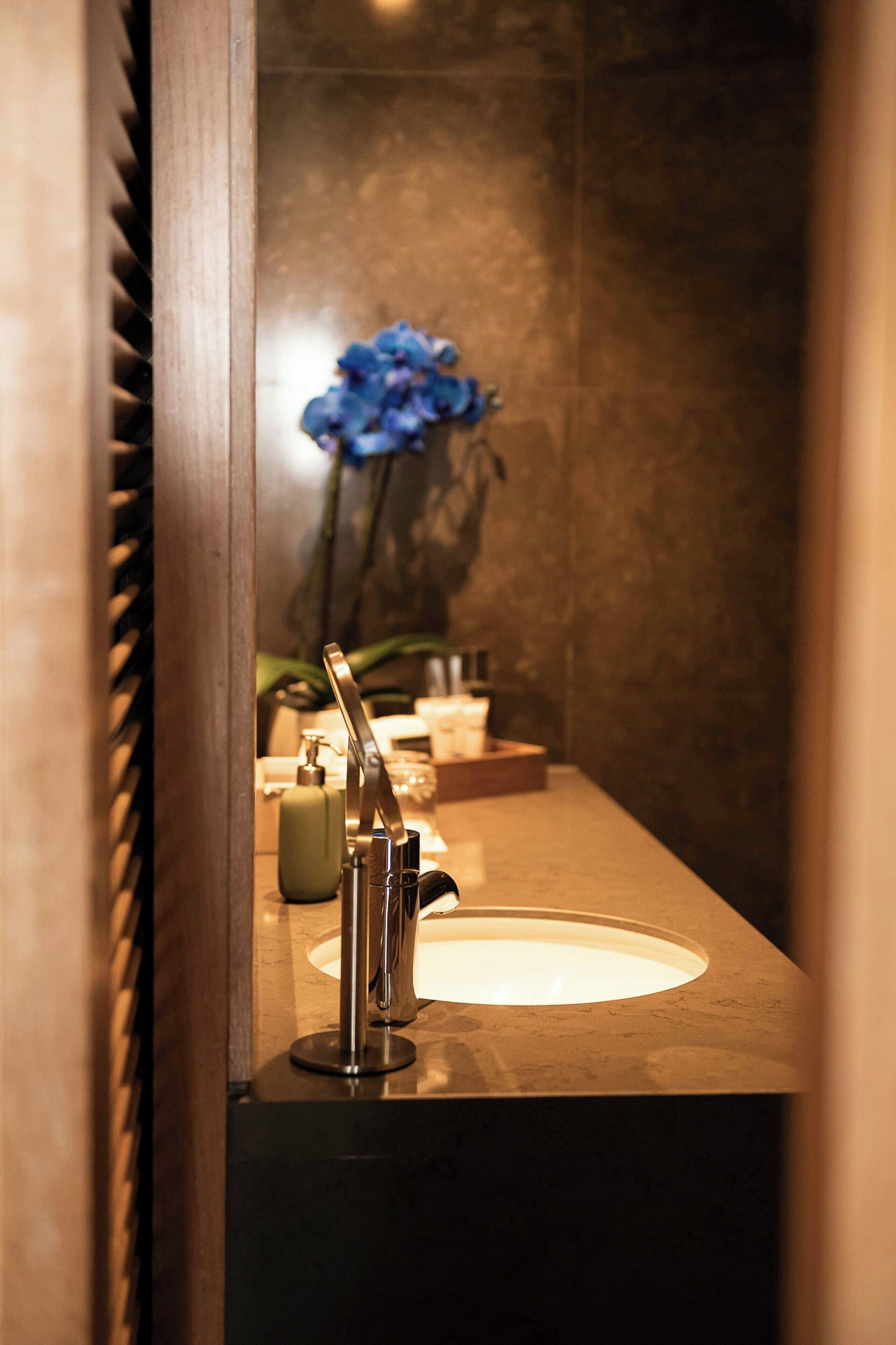 A bathroom with a sink, mirror, and toiletries.
