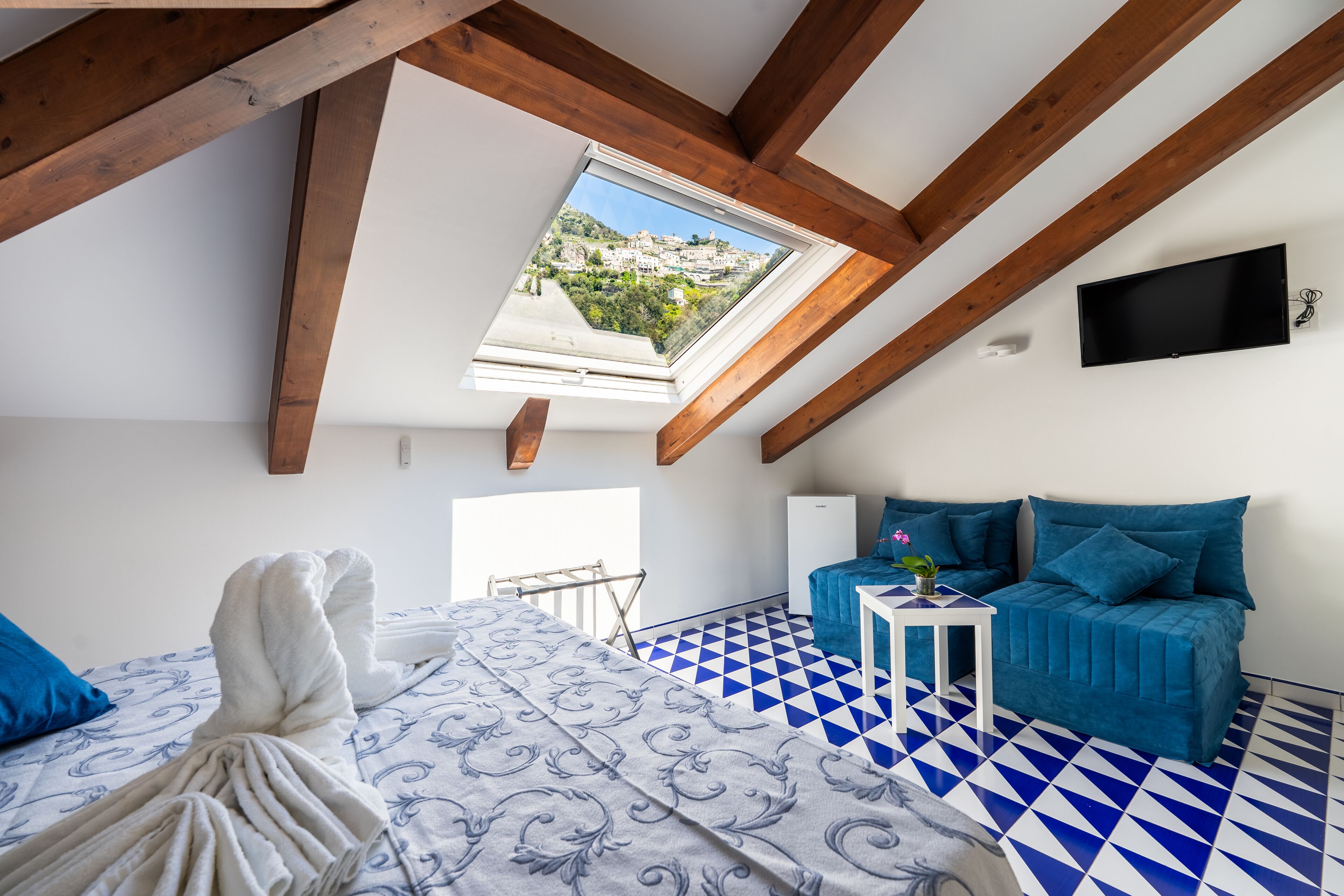 double room with attic, sea view and external terrace | 1 bedroom, frette italian sheets, premium bedding, down duvets