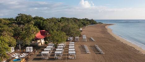 A beachside resort with sun loungers, a pool, and a view of the ocean.