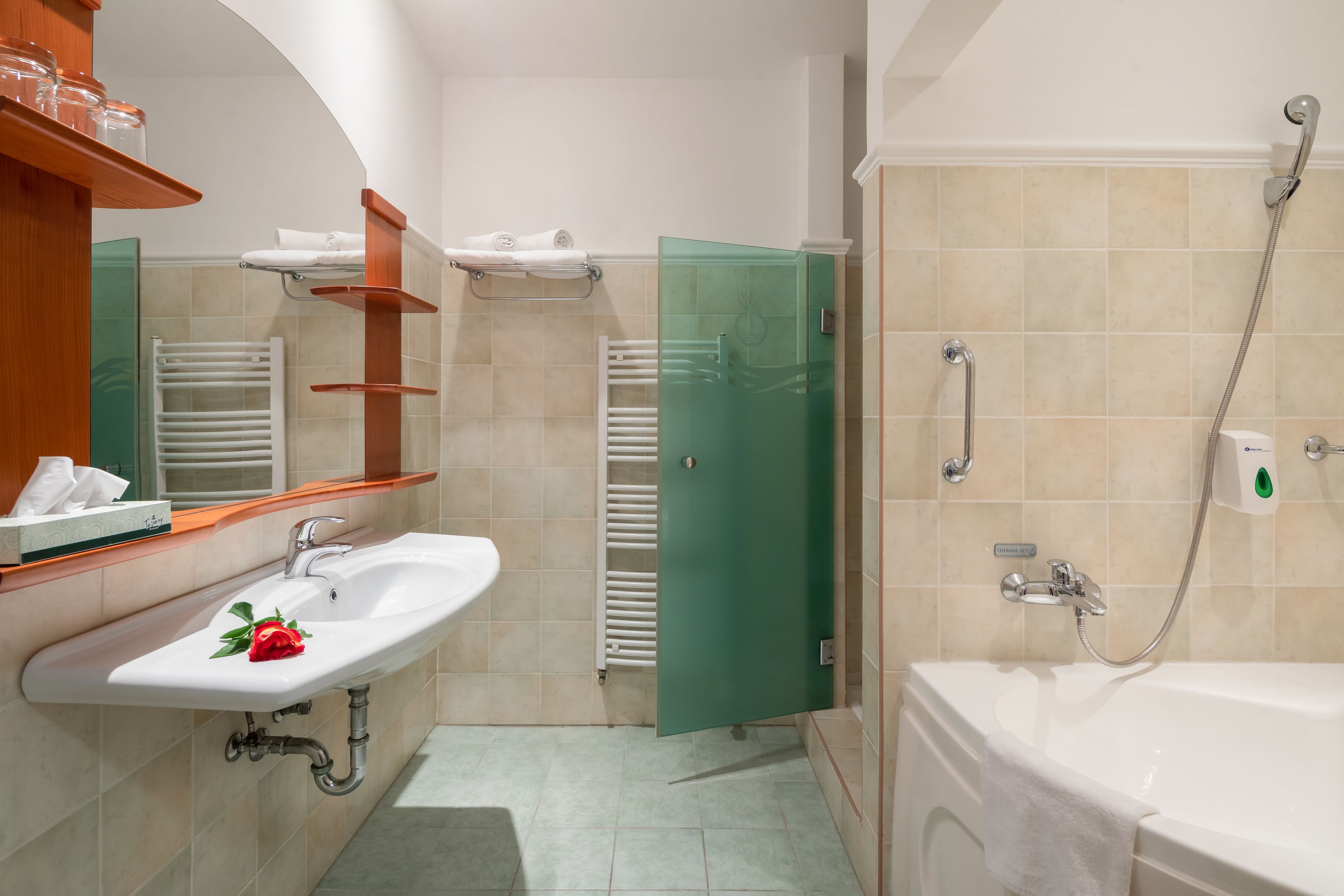 A bathroom with a sink, a shower, and a glass-enclosed toilet.