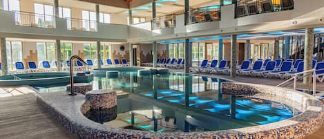 5 indoor pools, 2 outdoor pools, open 8:00 AM to 7:00 PM, pool loungers