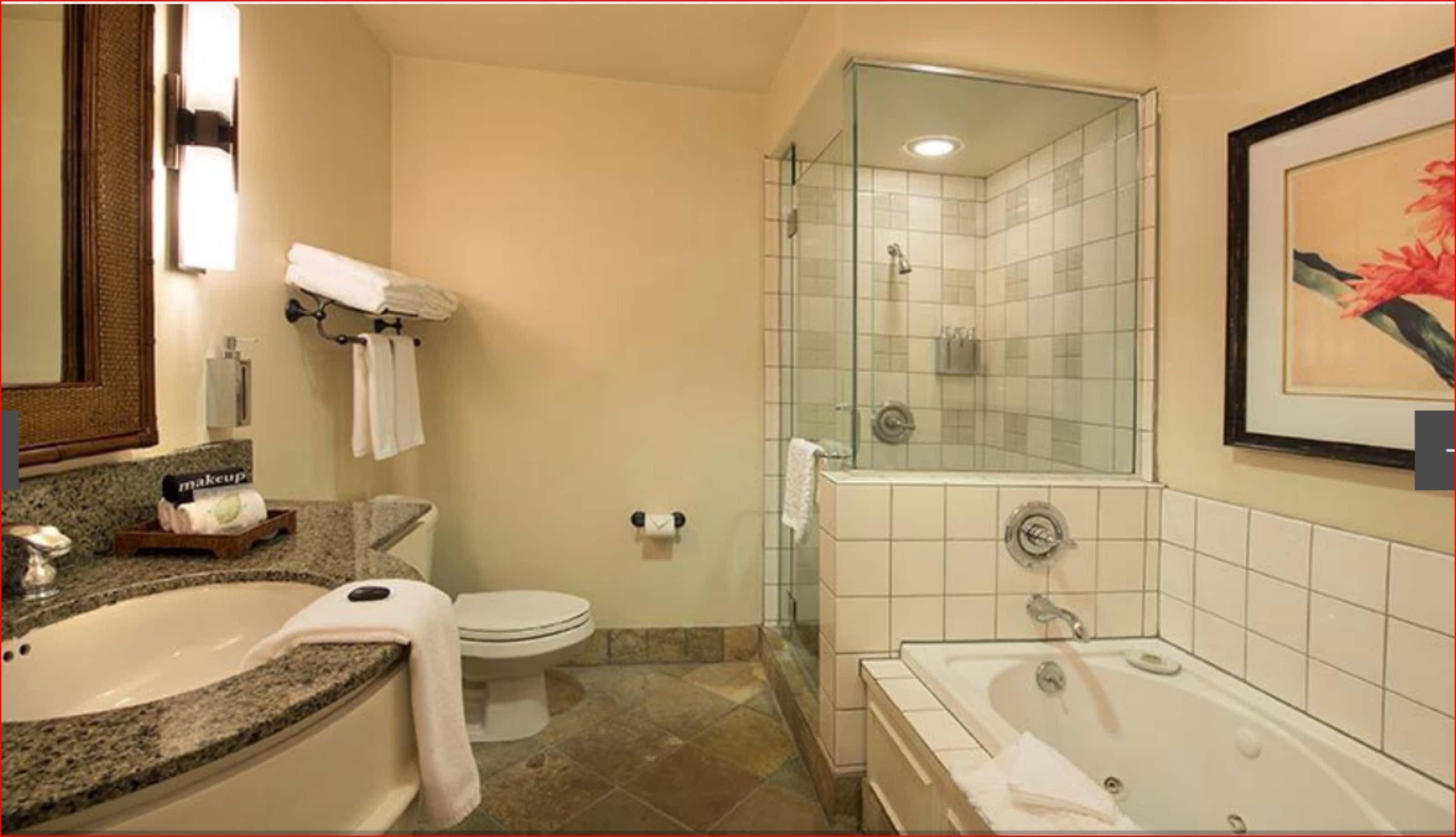 Un baño con bañera, ducha con cerramiento de vidrio, inodoro y lavamanos.