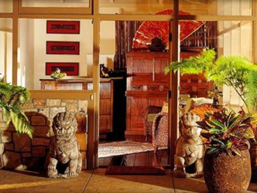 Un interior tradicional con paredes de piedra, muebles de madera y plantas en macetas.