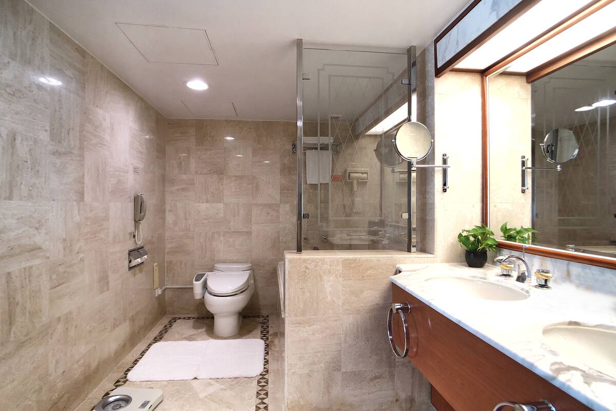 deluxe suite | bathroom | combined shower/bathtub, hair dryer, electronic bidet, towels