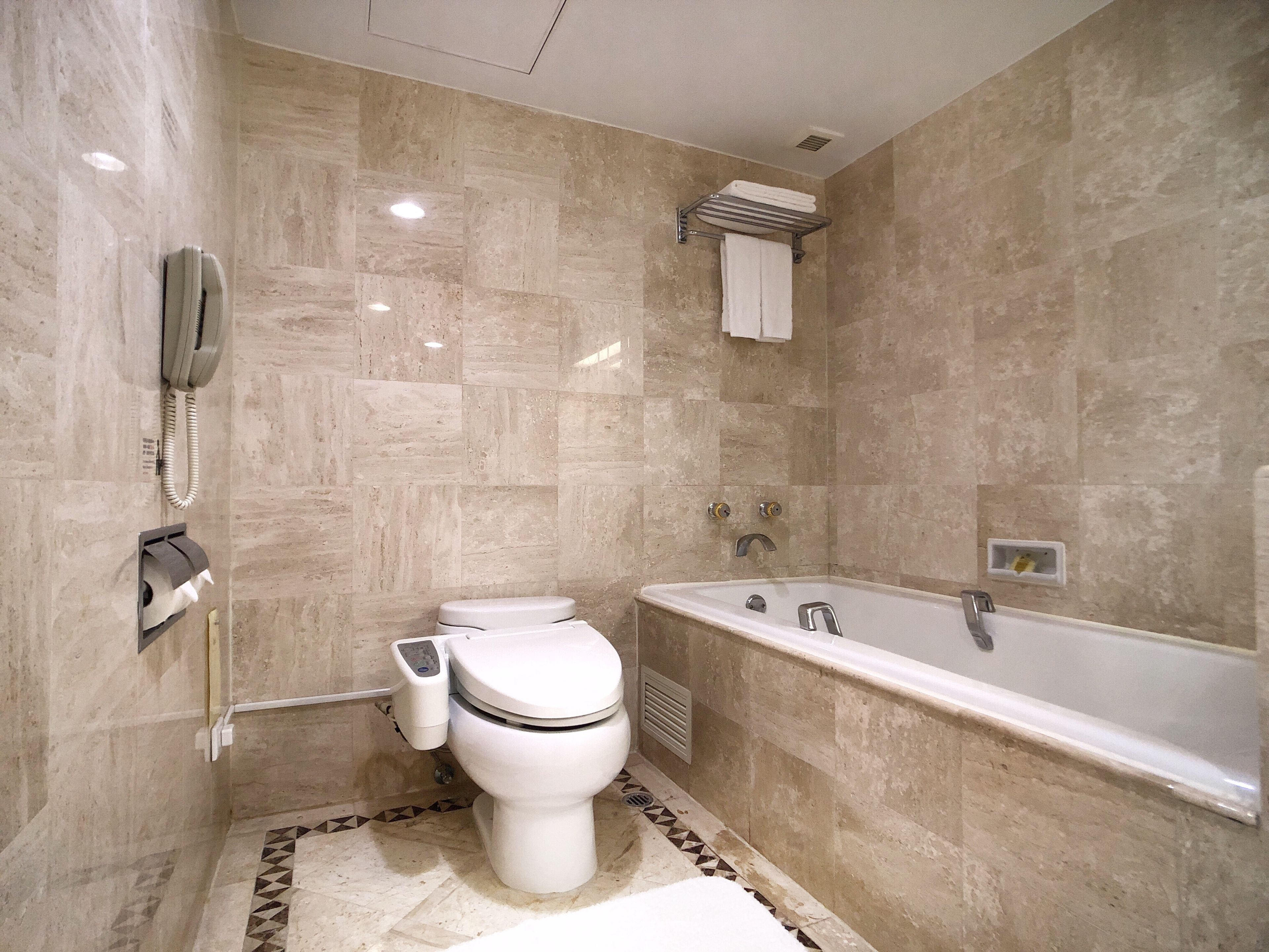 deluxe suite | bathroom | combined shower/bathtub, hair dryer, electronic bidet, towels