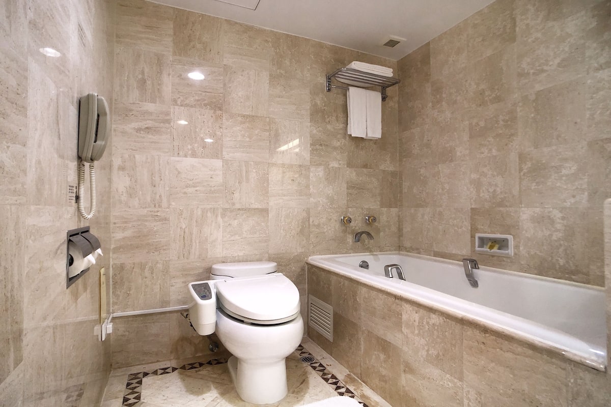 deluxe suite | bathroom | combined shower/bathtub, hair dryer, electronic bidet, towels