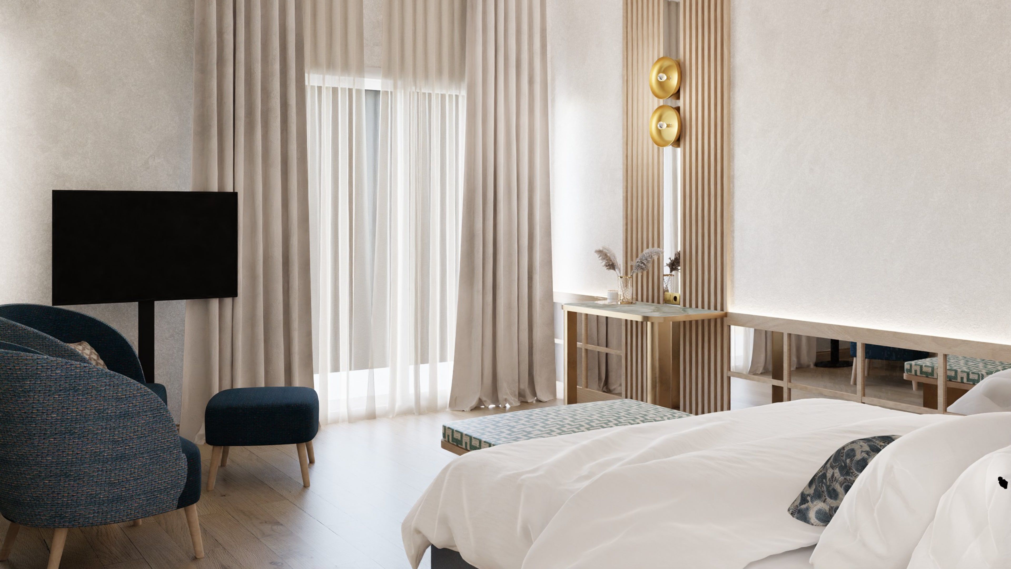 Ein modernes Hotelzimmer mit einem großen Bett, einem Schreibtisch, einem Stuhl und einem Fernseher.