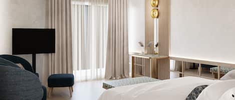 A modern hotel room with a large bed, a desk, a chair, and a television.