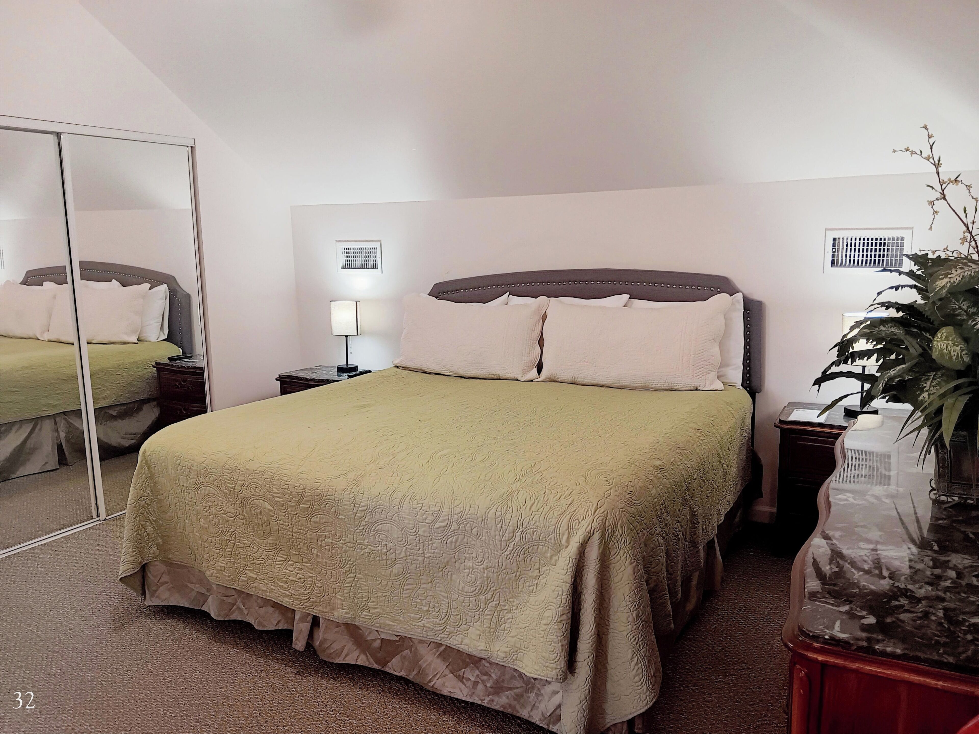 A bedroom with a large bed, a bedside table with a lamp, a mirror, and a potted plant.