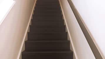Una escalera con escalones oscuros y paredes blancas que lleva a un rellano donde se ve un cuadro enmarcado.