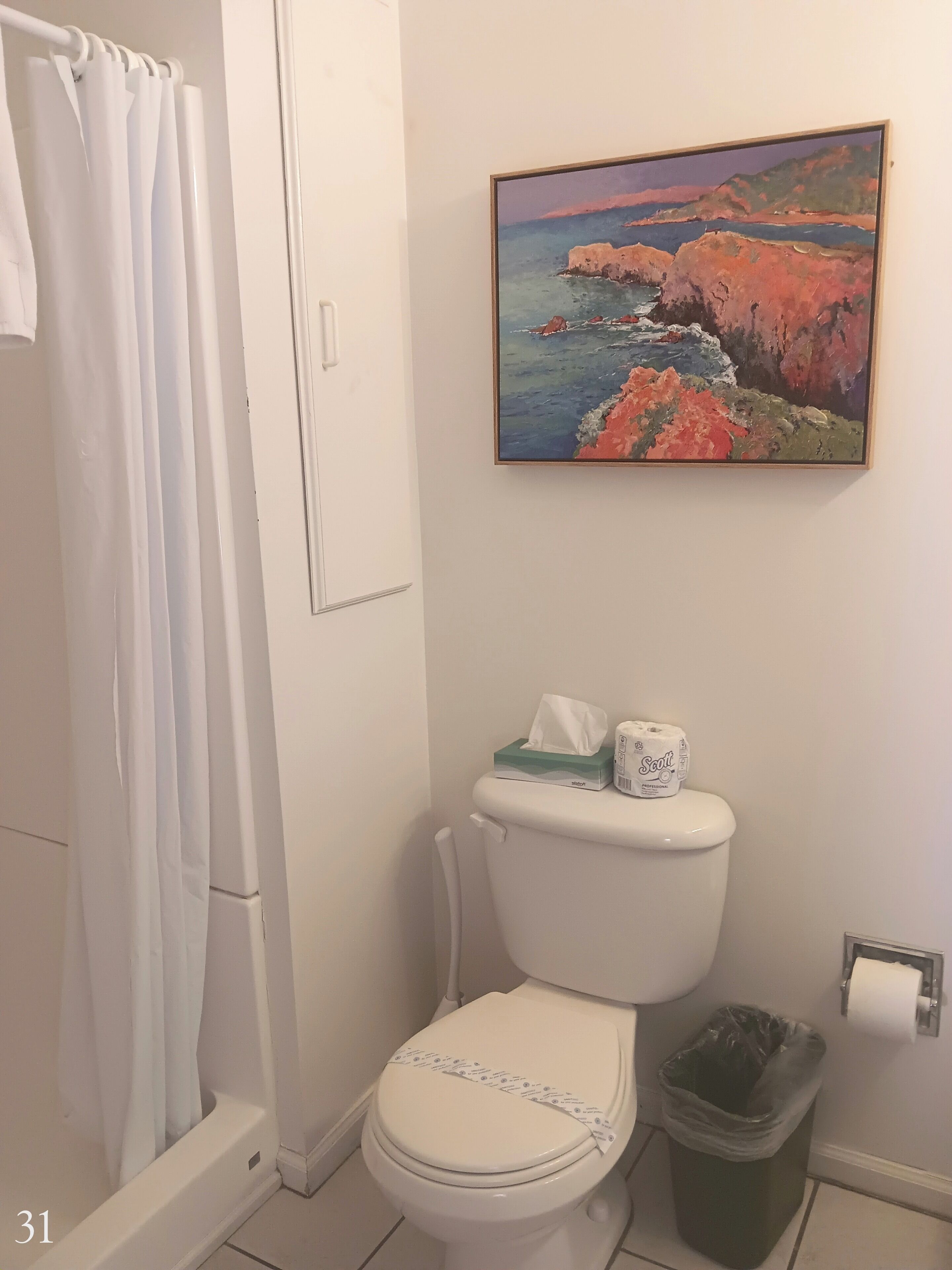 Un baño con inodoro, un cubo de basura, una cortina de ducha y un cuadro de un paisaje costero.