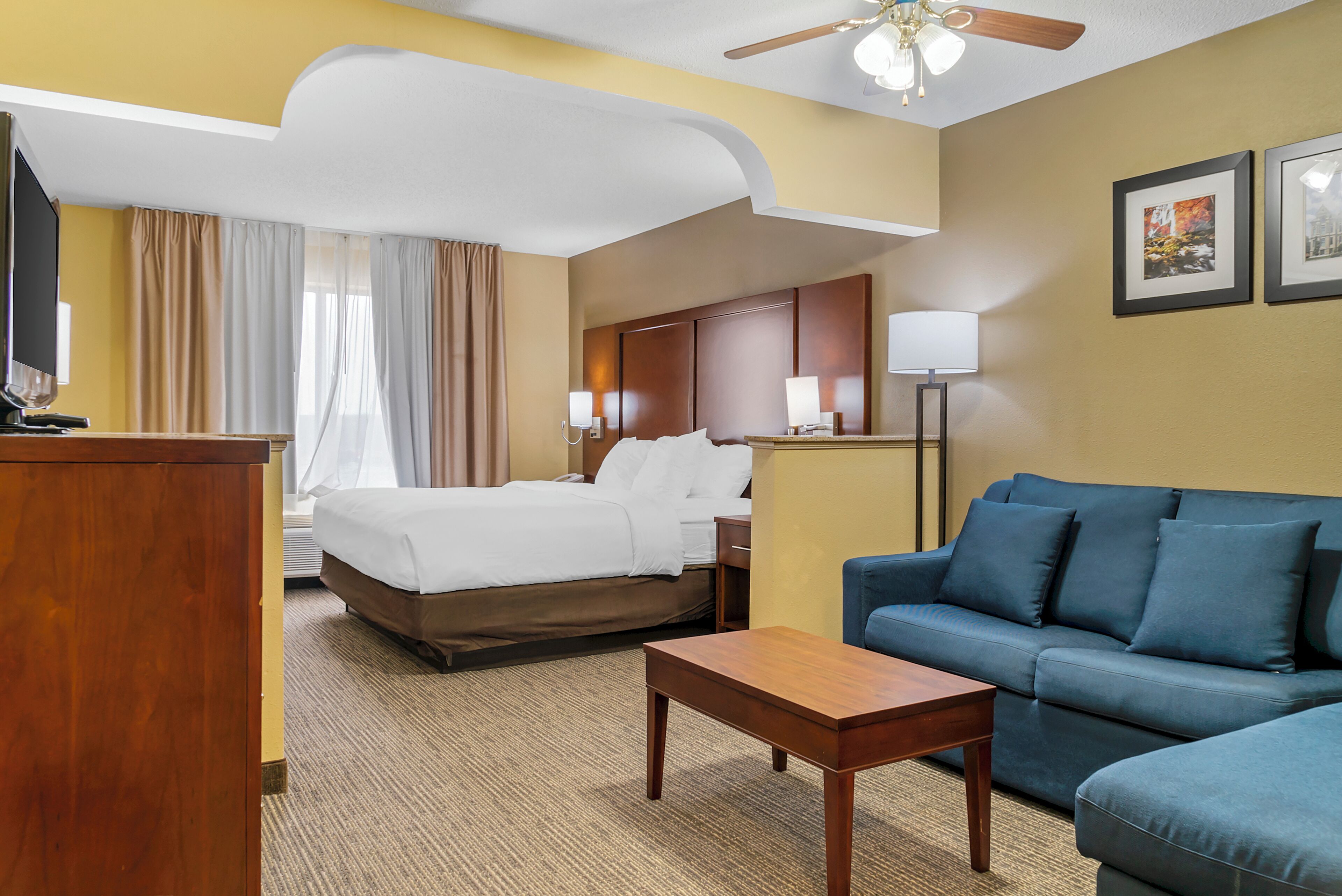 A hotel room with a bed, a desk, a blue sofa, a lamp, and two framed pictures on the wall.