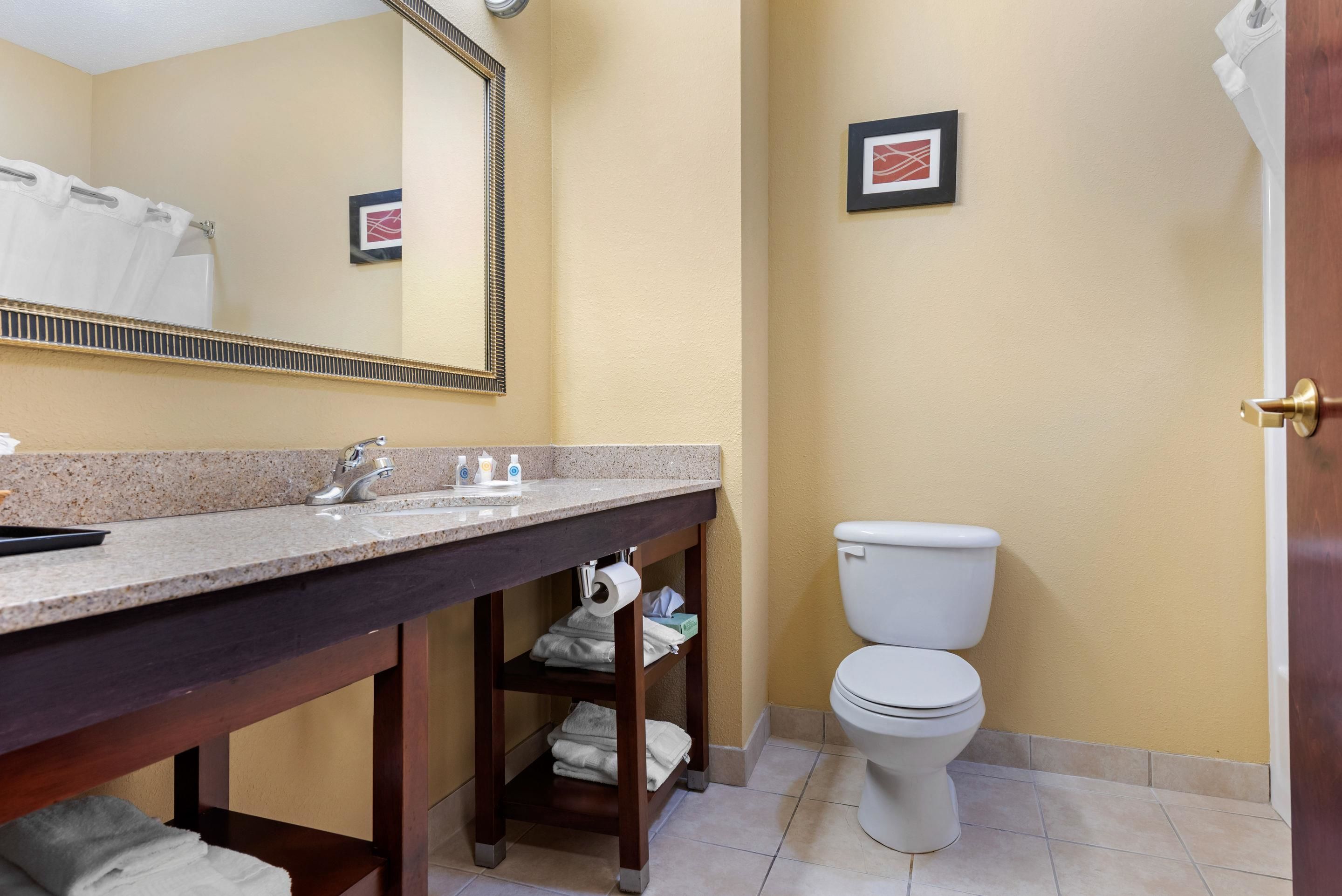 A bathroom with a sink, mirror, toilet, and towel storage.