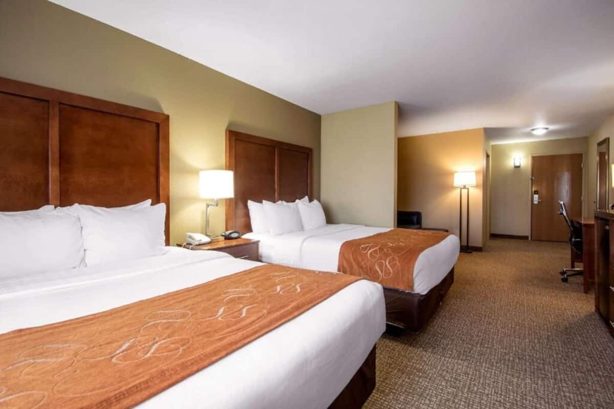 Habitación de hotel con dos camas, un escritorio, una lámpara y un armario.
