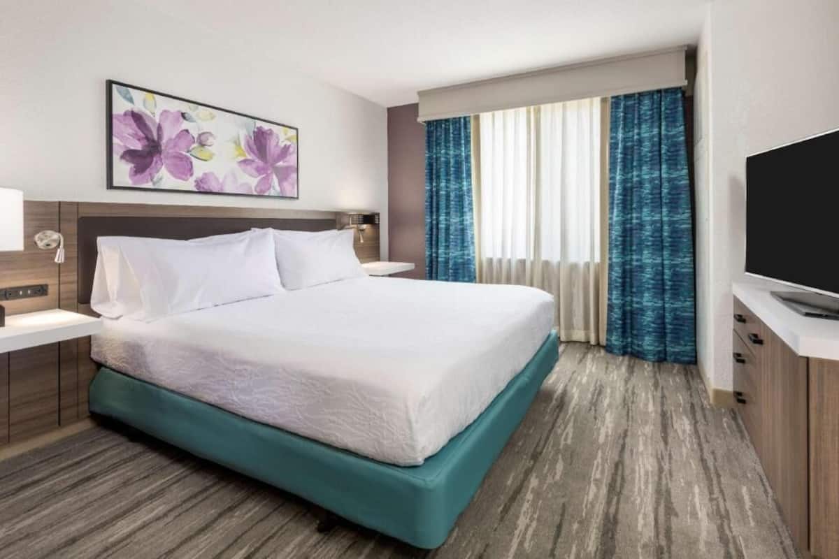 Habitación de hotel con cama, televisor de pantalla plana, un cuadro y ventana con cortinas.