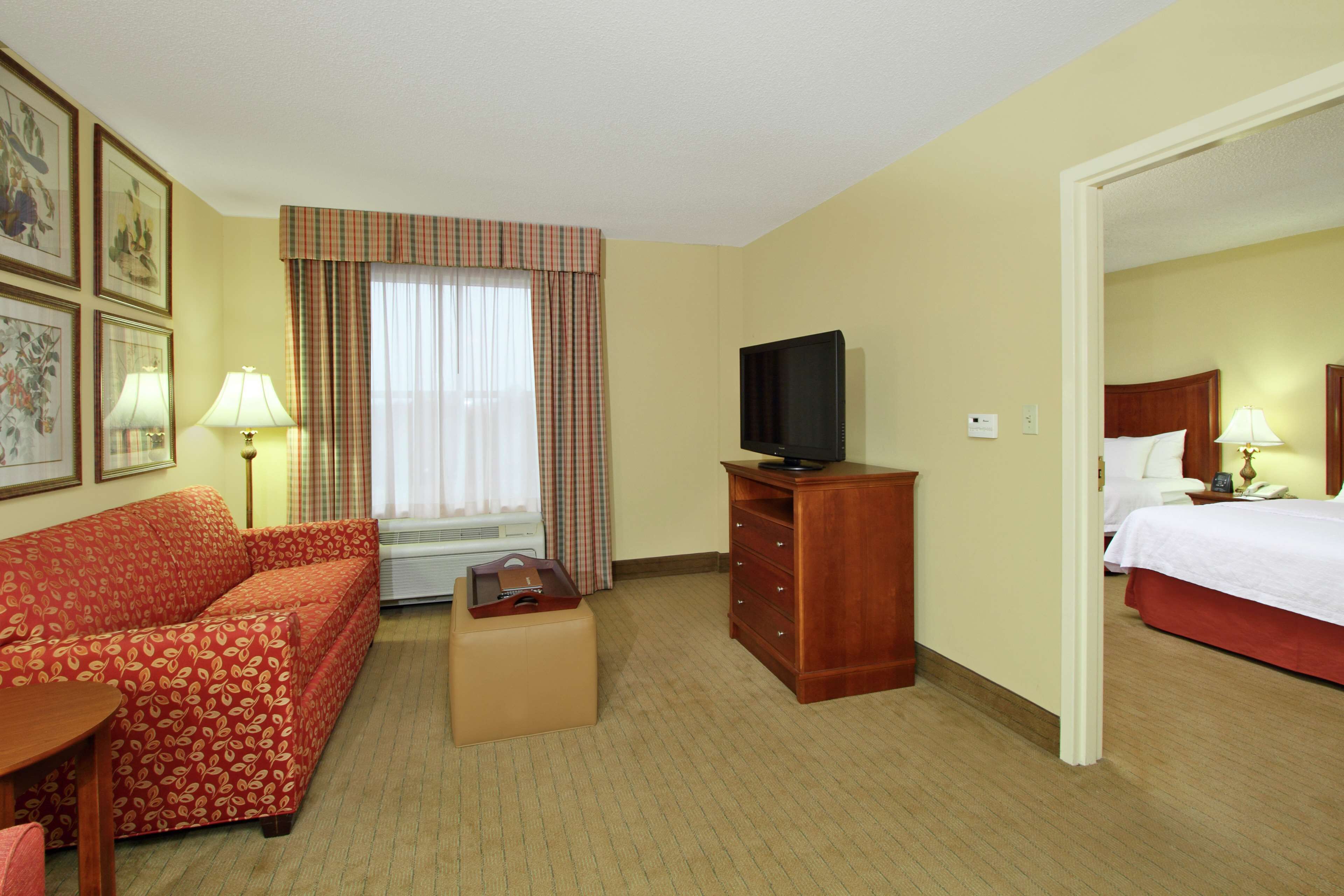 A hotel room with a sofa, a television, a dresser, and a bed.