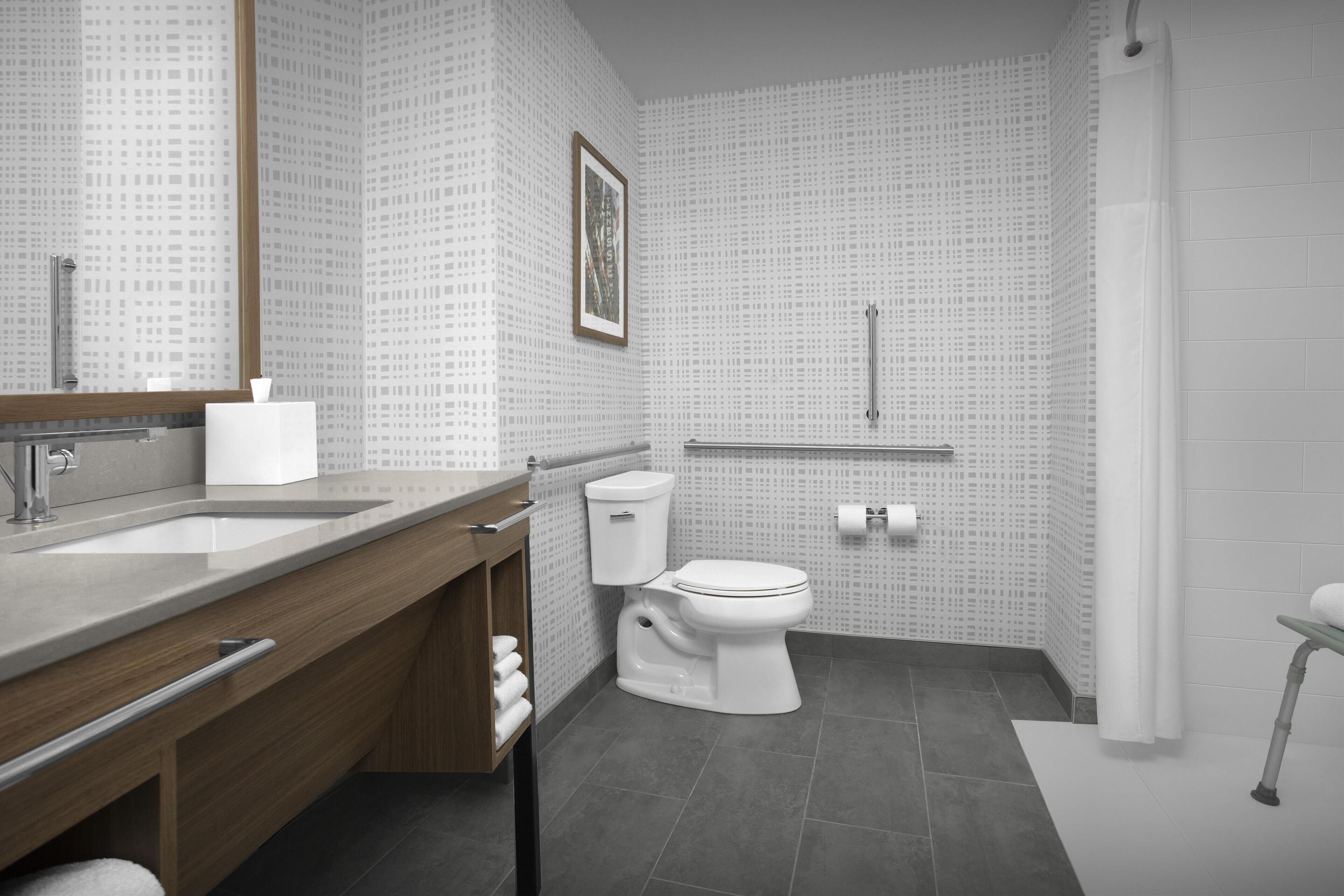 room, 1 king bed, accessible (mobility & hearing, roll-in shower) | bathroom | free toiletries, hair dryer, towels, soap