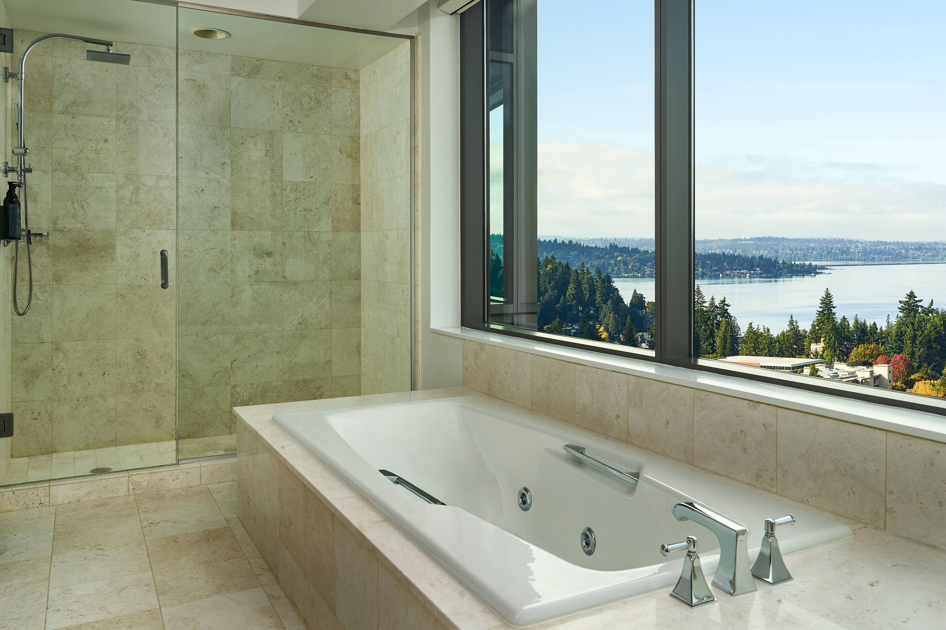 Un baño moderno con una bañera grande, zona de ducha y vistas a un lago y al paisaje urbano.