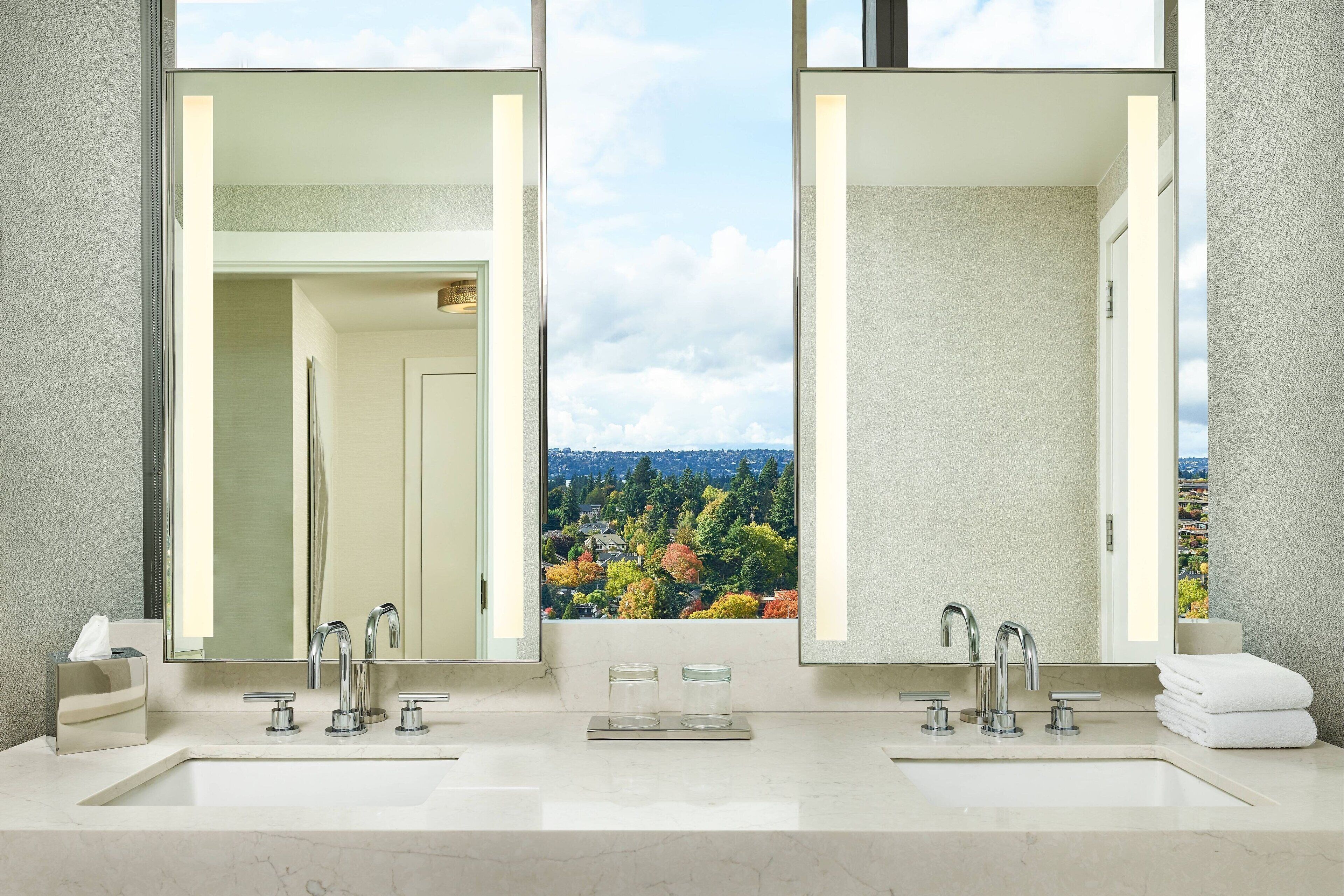 combined shower/bathtub, rainfall showerhead, designer toiletries