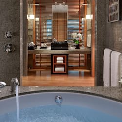 Separate tub and shower, designer toiletries, hair dryer, bathrobes